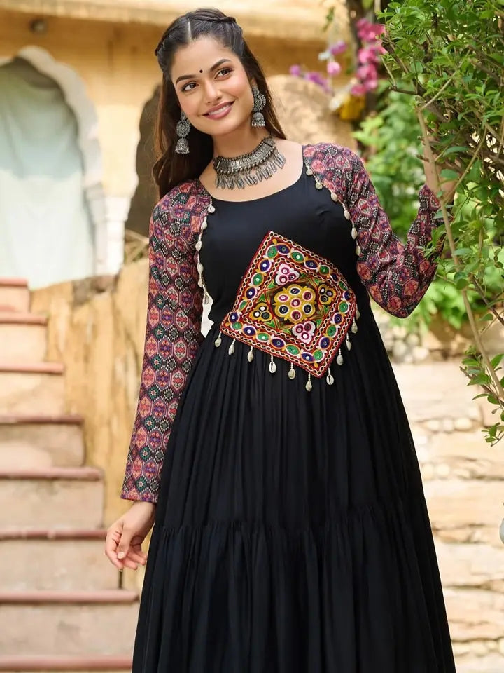 Black Garba special full length gown original Heavy Mirror work on yolk Ajrak print sleeves fully 10 to 12