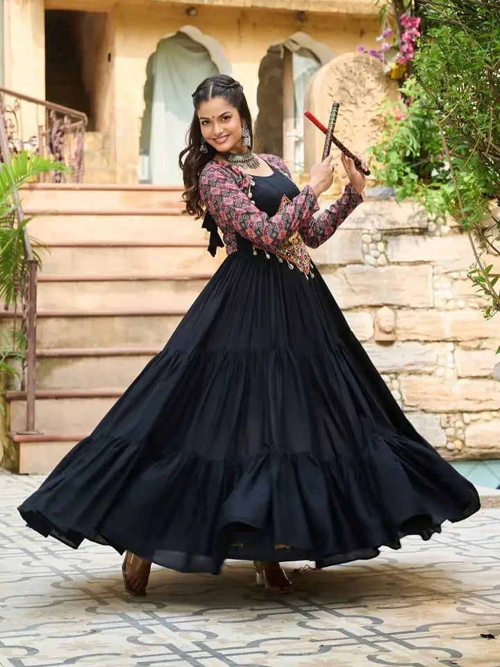 Black Garba special full length gown original Heavy Mirror work on yolk Ajrak print sleeves fully 10 to 12