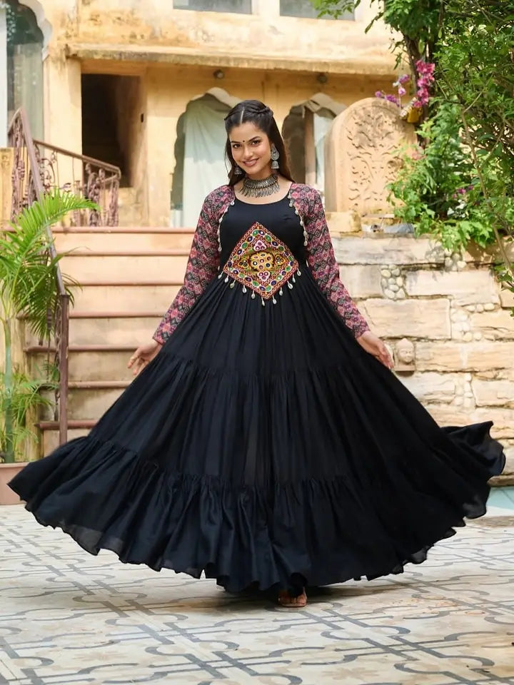 Black Garba special full length gown original Heavy Mirror work on yolk Ajrak print sleeves fully 10 to 12