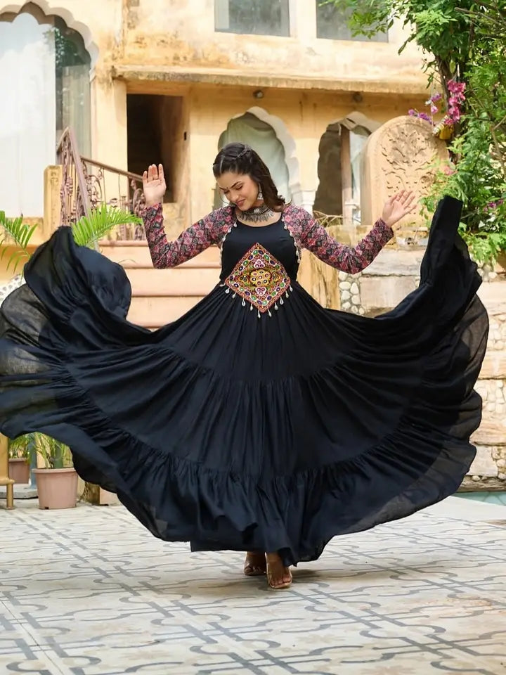 Black Garba special full length gown original Heavy Mirror work on yolk Ajrak print sleeves fully 10 to 12