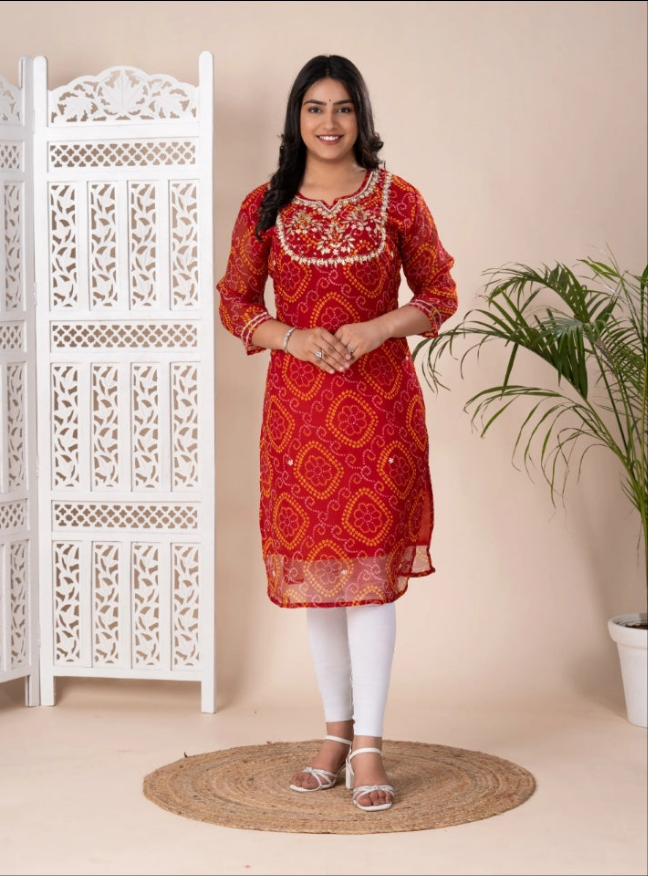 Pure Georgette Heavy Pearl Jardoji cutdana Hand Work Rai Bandhej Red Kurti Only