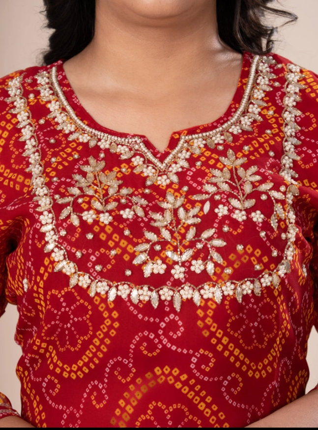 Pure Georgette Heavy Pearl Jardoji cutdana Hand Work Rai Bandhej Red Kurti Only