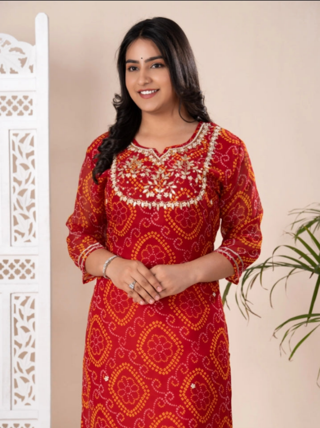 Pure Georgette Heavy Pearl Jardoji cutdana Hand Work Rai Bandhej Red Kurti Only