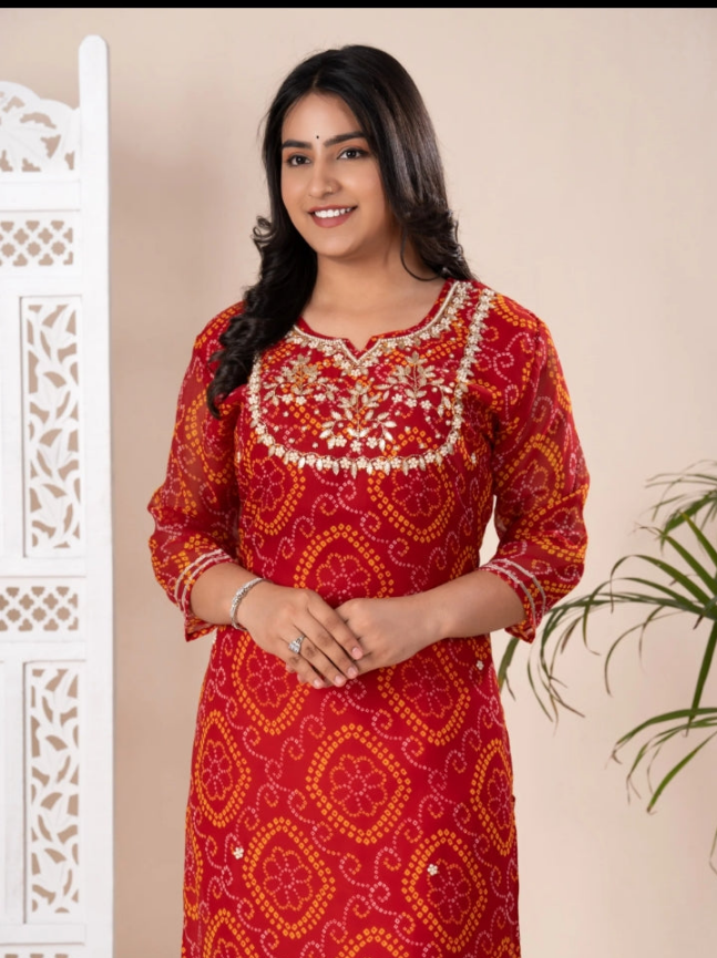 Pure Georgette Heavy Pearl Jardoji cutdana Hand Work Rai Bandhej Red Kurti Only