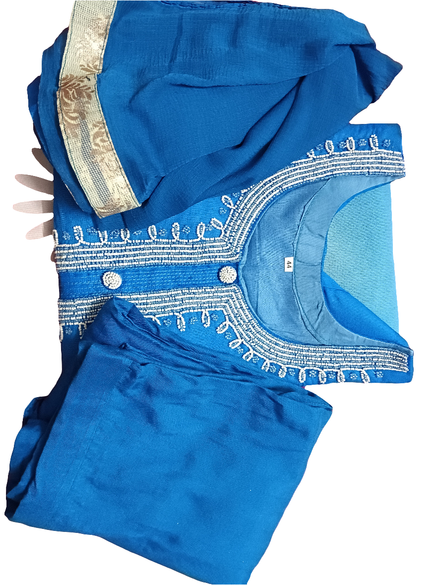 Pure Kota Doria Top with Hand Pearl Work with pure Muslin bottom and Dupatta