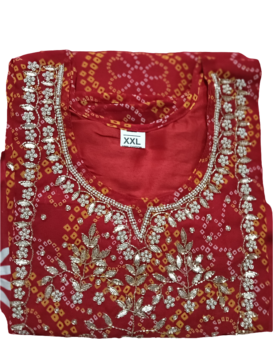 Pure Georgette Heavy Pearl Jardoji cutdana Hand Work Rai Bandhej Red Kurti Only