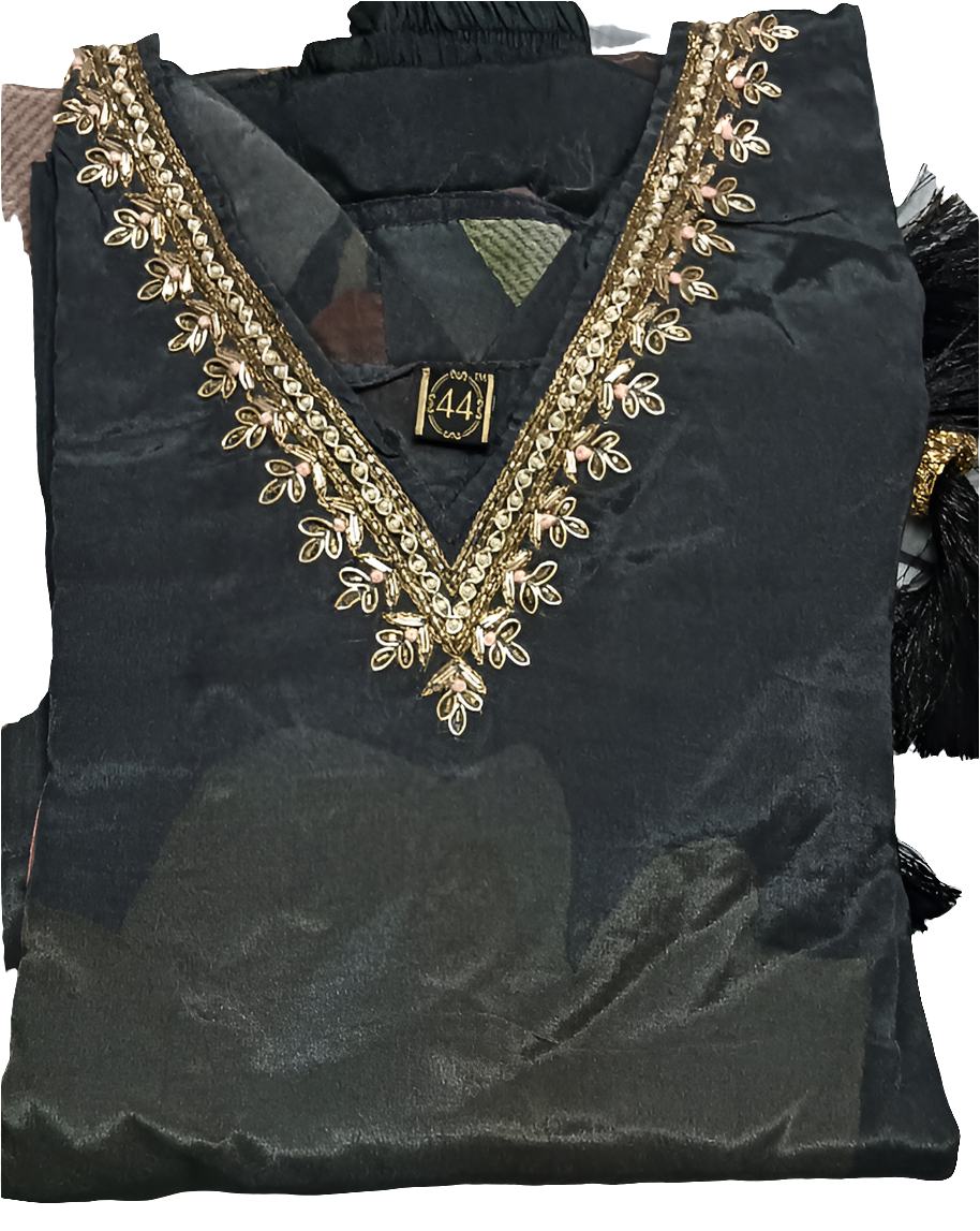 Pure Premium Butter Maslin Three piece suit in Black with Pure Jardozi Hand Work on neck detailing in self digital flower print