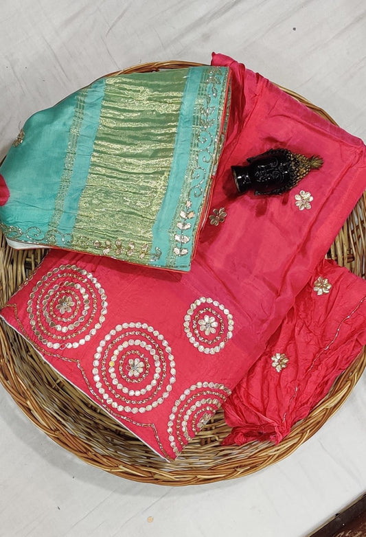 Pure upada lehnga with heavy gota Patti hand work Pure gajji silk dupatta with gulti Bhandej gota Patti hand border