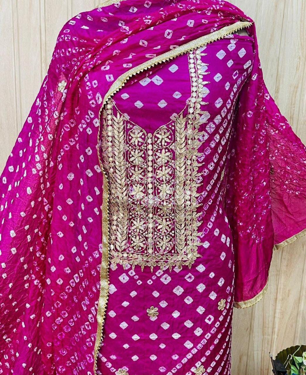 Bandhej silk Dress Materials with heavy hand goota Patti and Kundan work