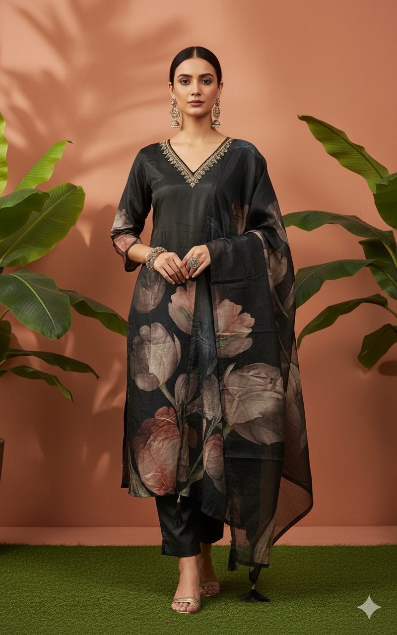 Pure Premium Butter Maslin Three piece suit in Black with Pure Jardozi Hand Work on neck detailing in self digital flower print