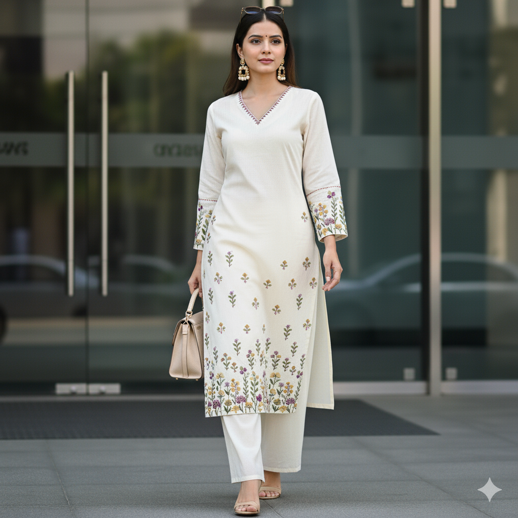 Pure Premium Handloom Cotton with thread work neck detailing and top panel and sleeves palazzo bottom