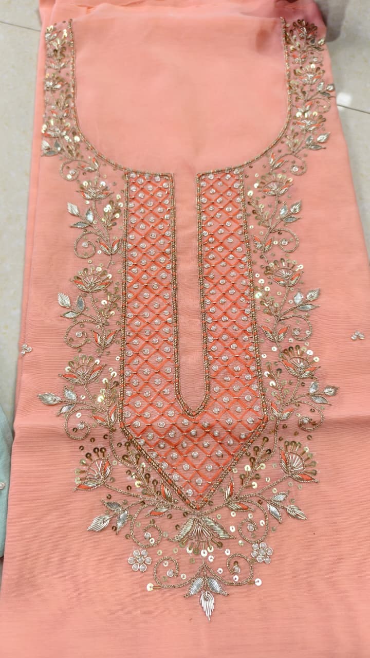 Pure original Chanderi silk hand original zardosi work kurti fabric