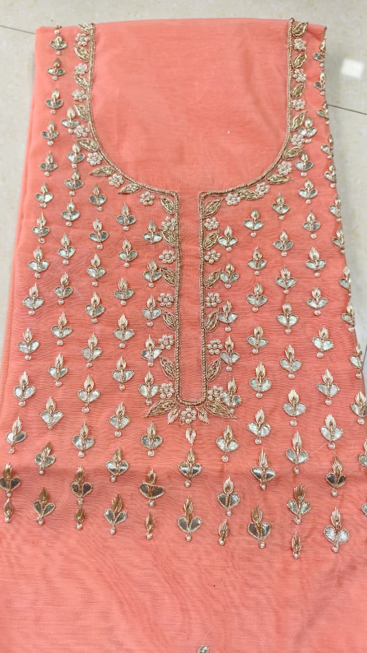 Pure original Chanderi silk hand original zardosi work kurti fabric