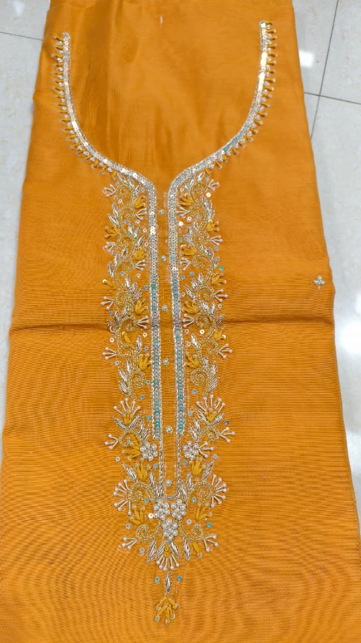 Pure original Chanderi silk hand original zardosi work kurti fabric