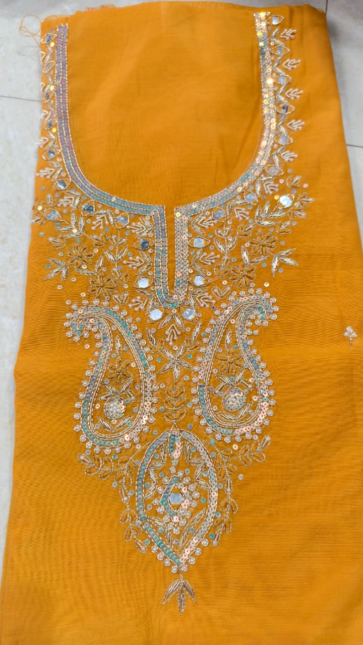 Pure original Chanderi silk hand original zardosi work kurti fabric