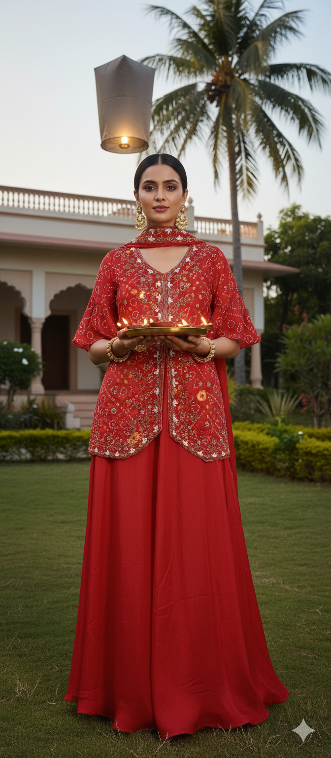 Karwa chauth Special Pure Premium Butter Chinon Premium Pearl Jardoji cutdana hand work Top Full Ghera Divider Skirt with Same work chocker Dupatta