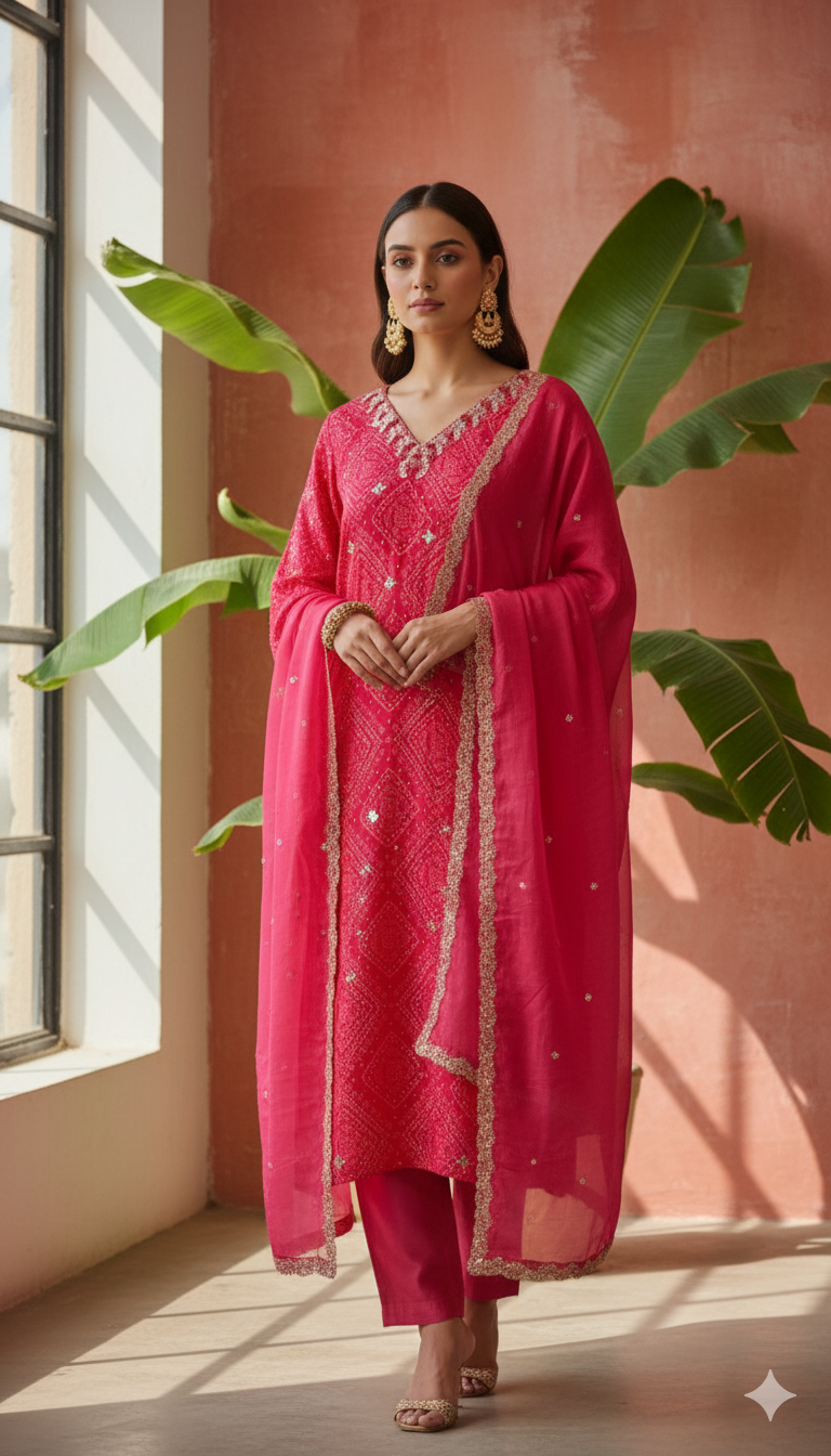 Karwa chauth special Kurta Pant With Dupatta In Pure Premium Butter Chinon fully calcutta Hand work Three Piece Suit