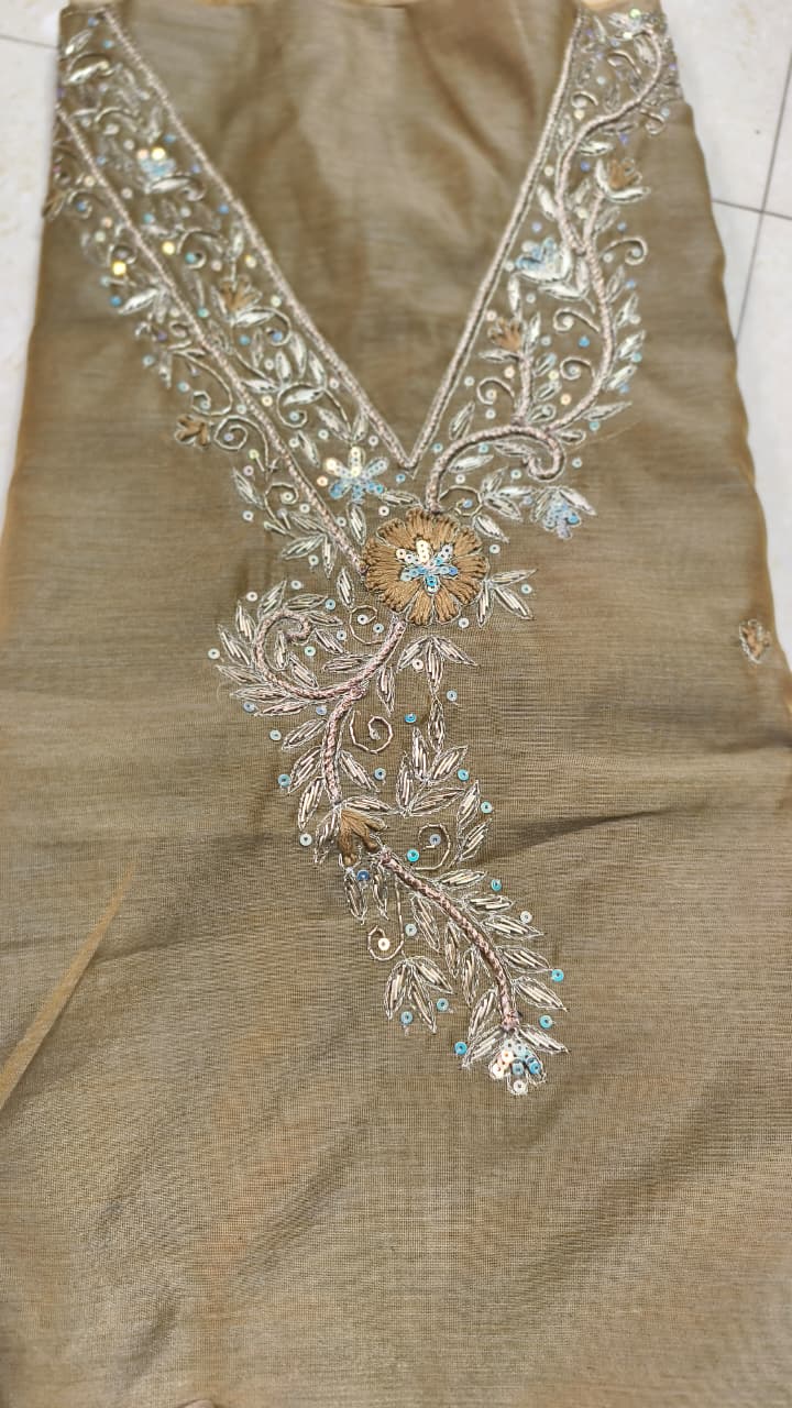 Pure original Chanderi silk hand original zardosi work kurti fabric