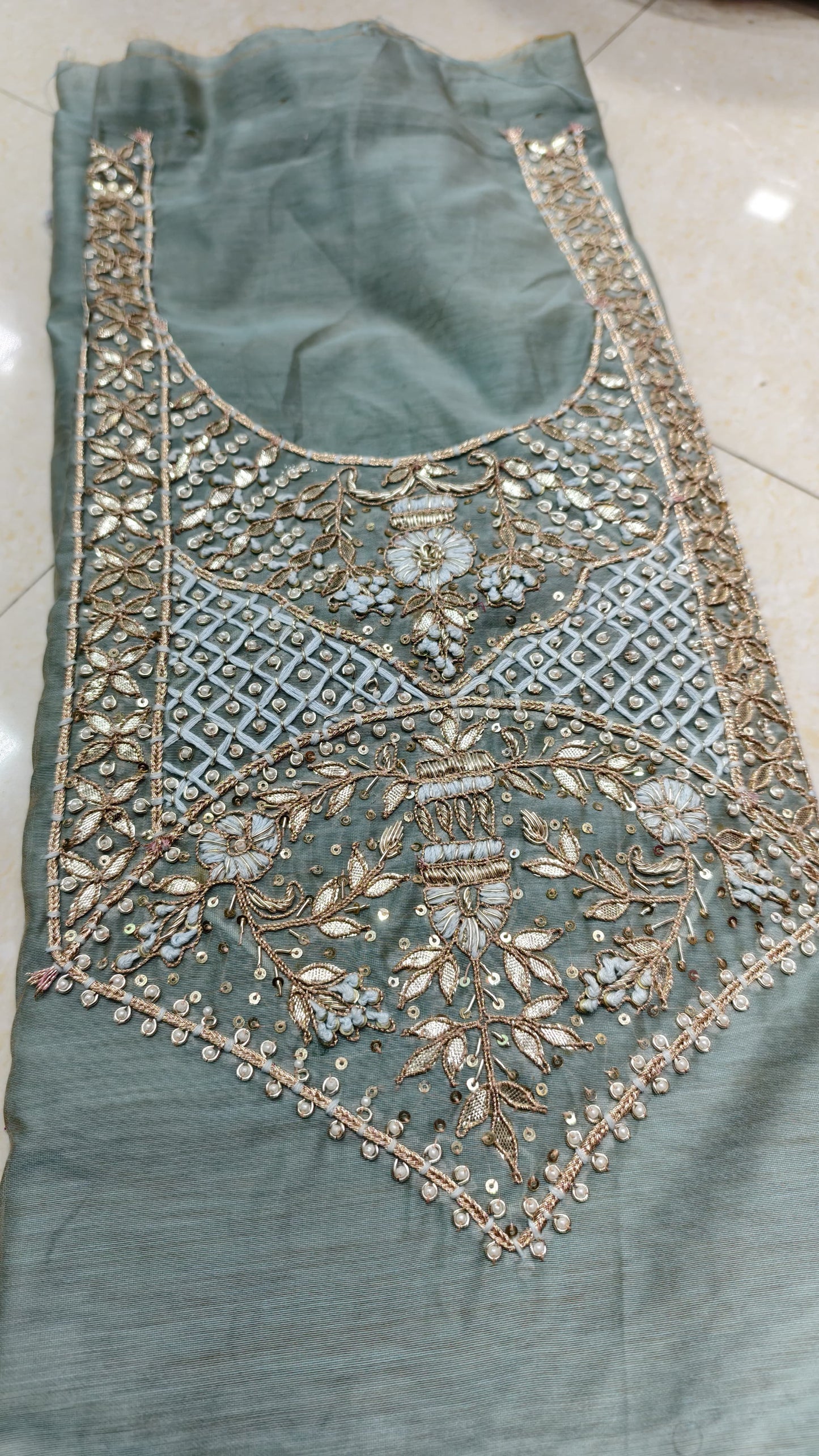 Pure original Chanderi silk hand original zardosi work kurti fabric