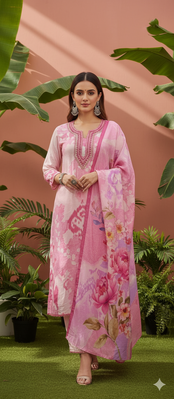 Premium Pure Butter Maslin self digital printed Heavy Thread work on yolk With premium Maslin bottom and Dupatta