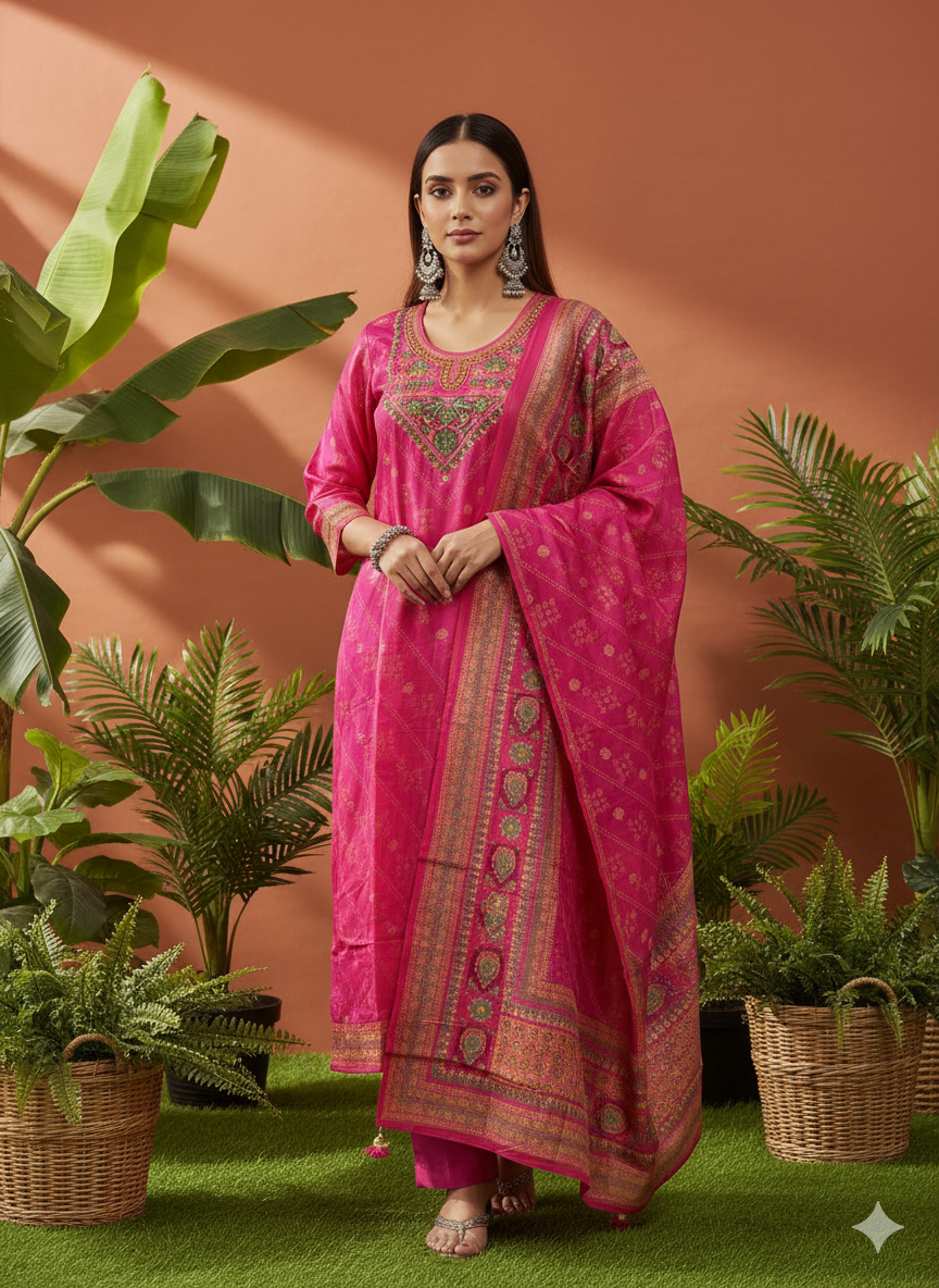 Karwa chauth special Kurta Pant With Dupatta In Pure Premium Butter Maslin Three Piece Suit in Pink colour