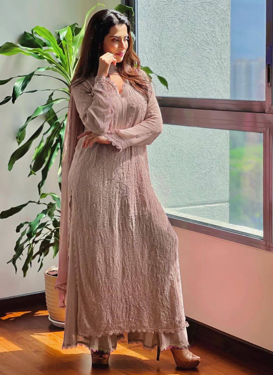 TRENDING FAUX GEORGETTE TOP COTTON THREAD EMBROIDERED WORK AND WORK PLAZO WITH DUPATTA