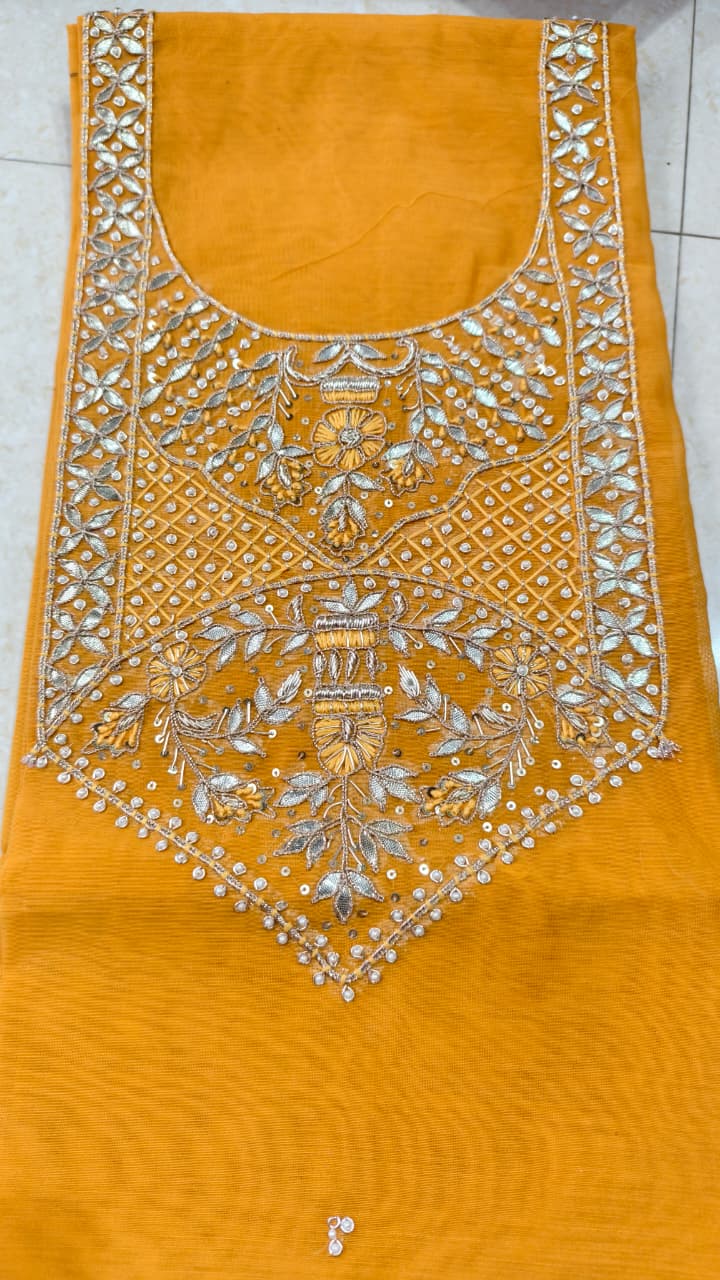 Pure original Chanderi silk hand original zardosi work kurti fabric