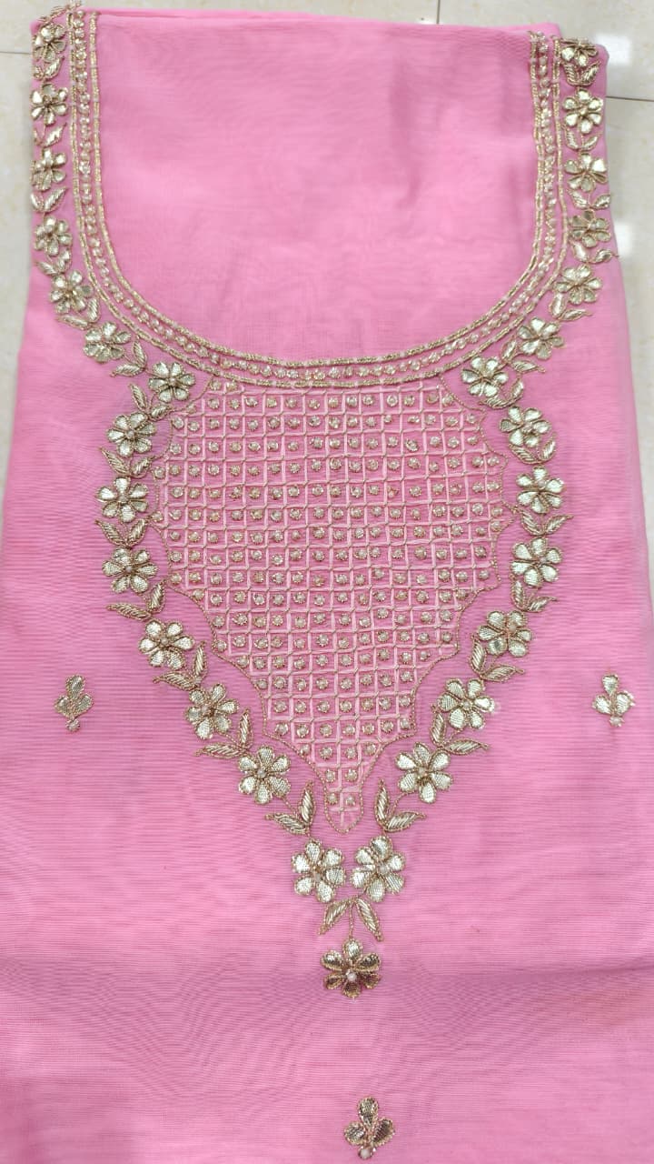 Pure original Chanderi silk hand original zardosi work kurti fabric