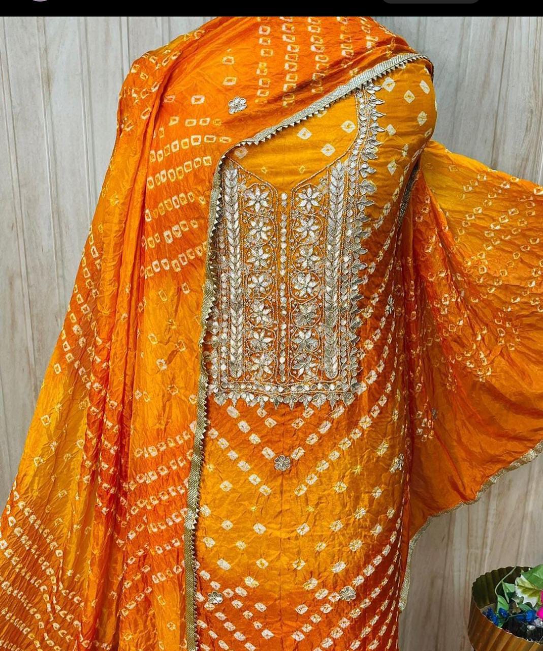 Bandhej silk Dress Materials with heavy hand goota Patti and Kundan work