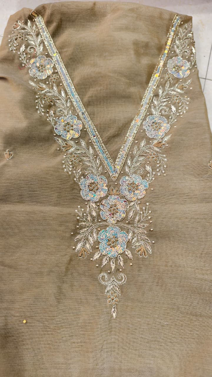 Pure original Chanderi silk hand original zardosi work kurti fabric