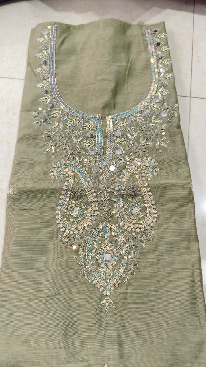 Pure original Chanderi silk hand original zardosi work kurti fabric