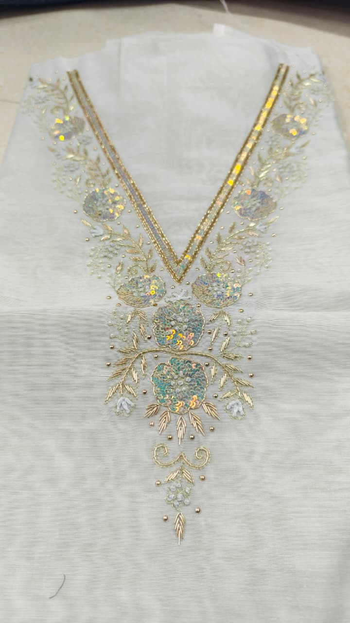 Pure original Chanderi silk hand original zardosi work kurti fabric