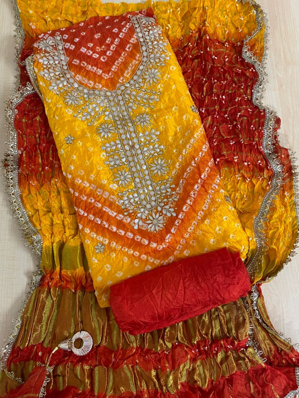 Bandhej silk Dress Materials with heavy hand goota Patti and Kundan work