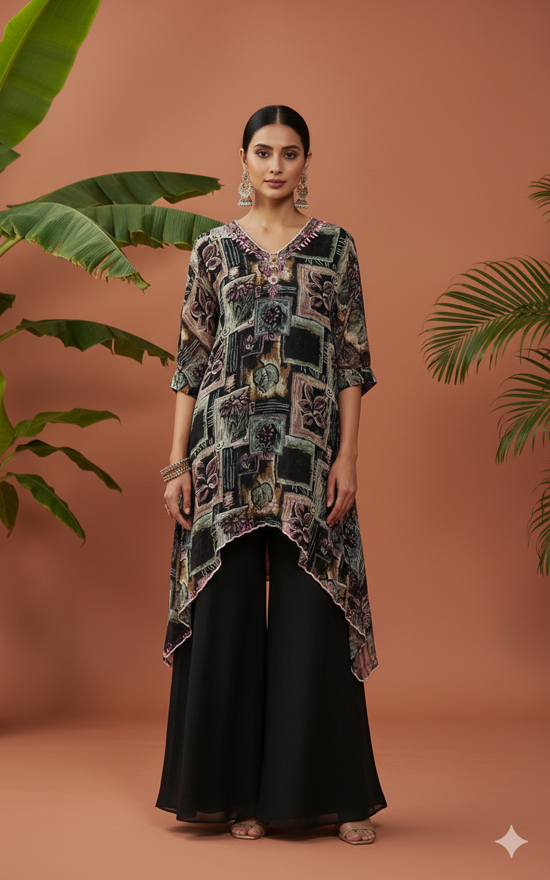 Pure Premium soft glass organza High Low pattern Two piece