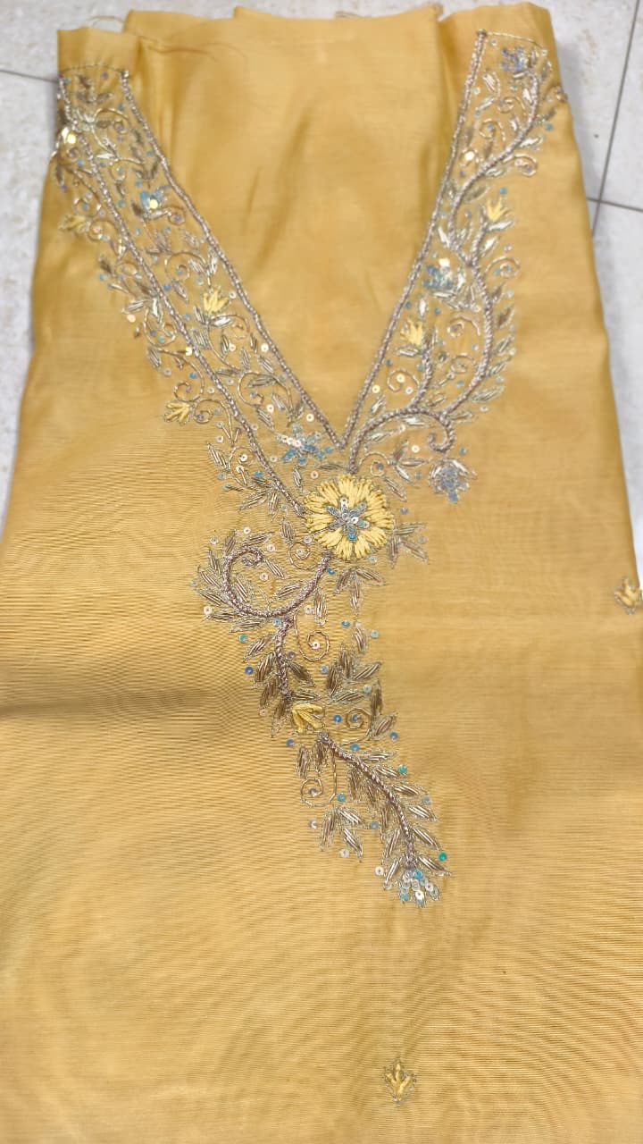 Pure original Chanderi silk hand original zardosi work kurti fabric