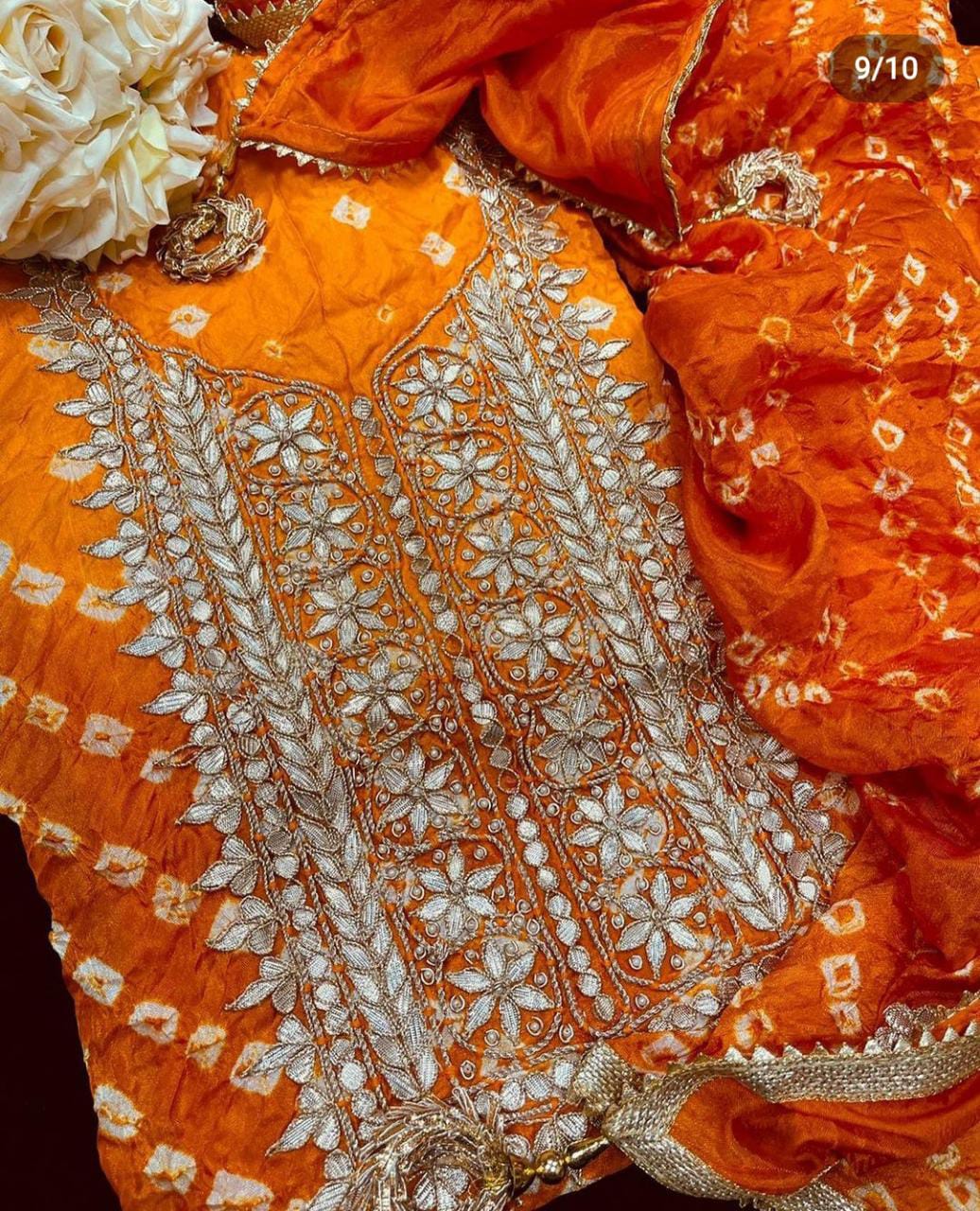 Bandhej silk Dress Materials with heavy hand goota Patti and Kundan work