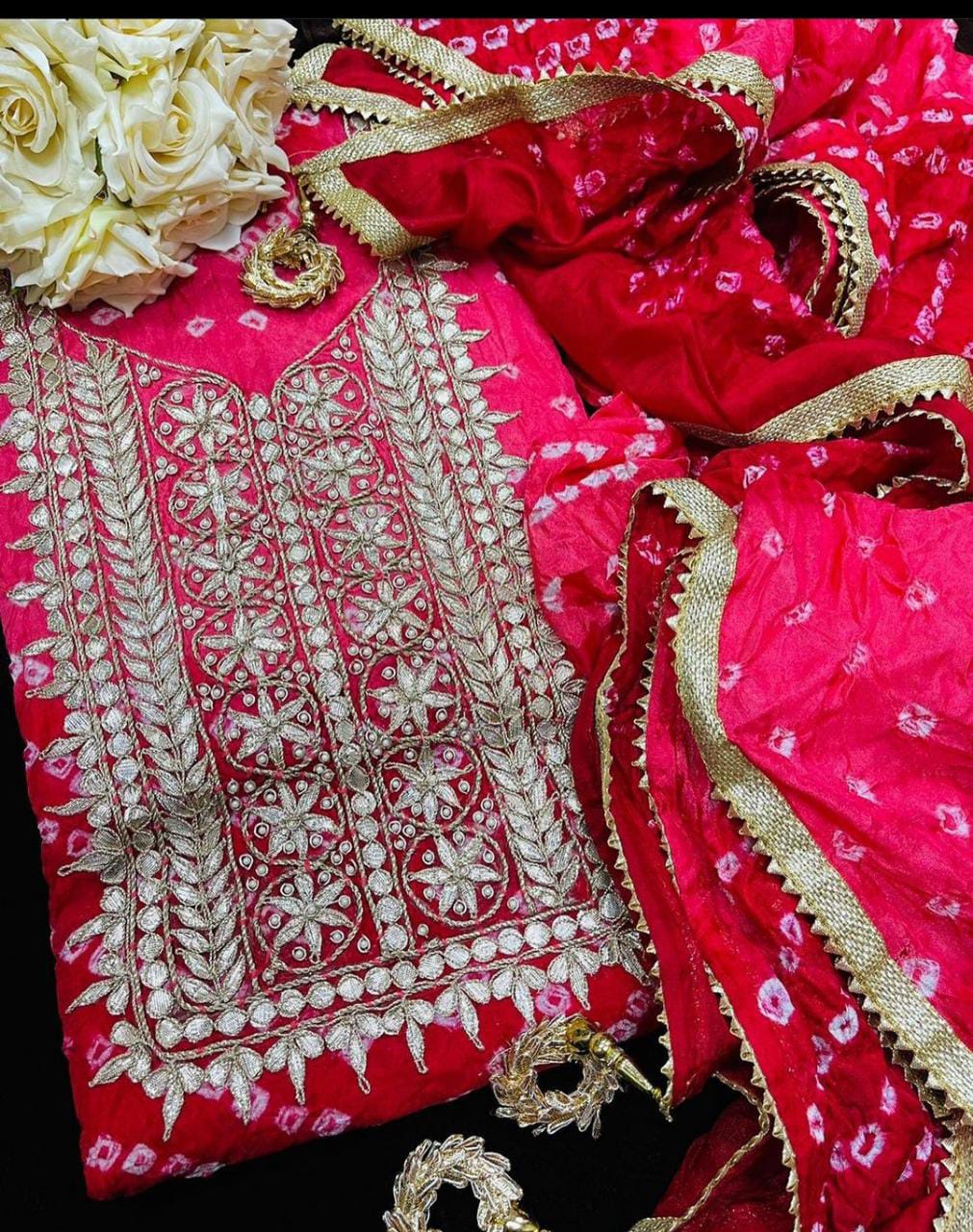 Bandhej silk Dress Materials with heavy hand goota Patti and Kundan work