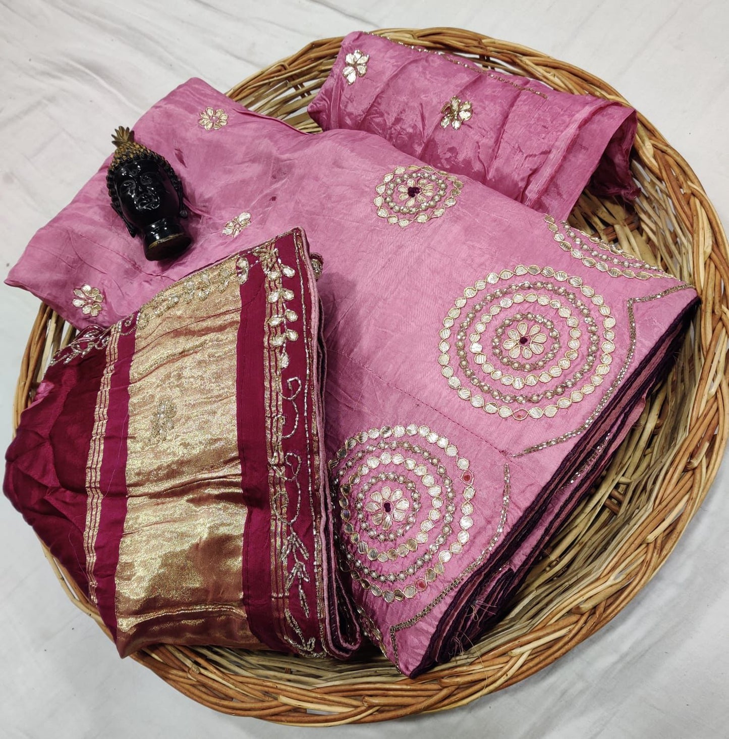 Pure upada lehnga with heavy gota Patti hand work Pure gajji silk dupatta with gulti Bhandej gota Patti hand border