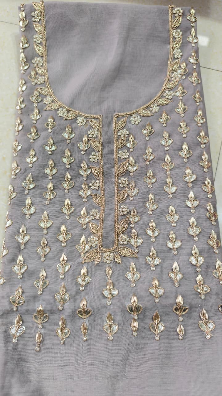 Pure original Chanderi silk hand original zardosi work kurti fabric
