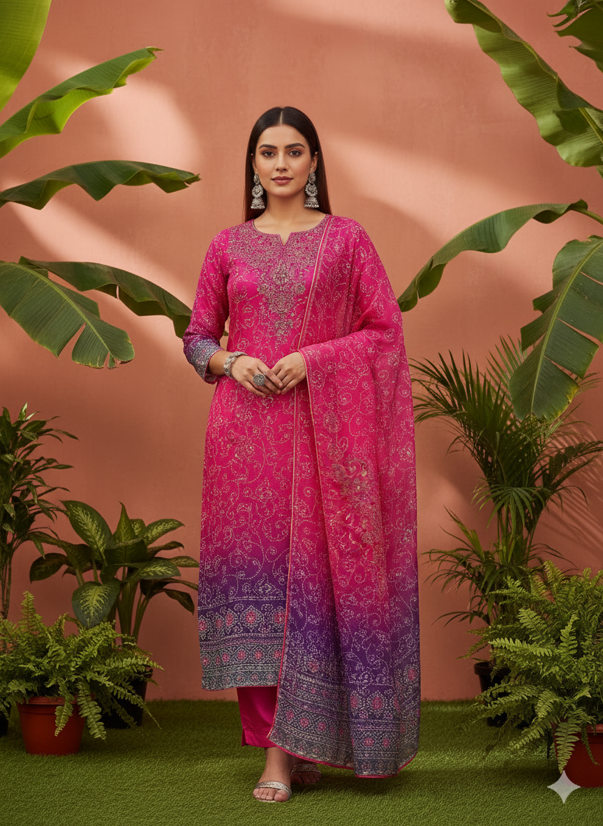 Karwa chauth Special Kurta Pant With Dupatta InPure Premium Butter Maslin Three Piece Suit Hot Pink