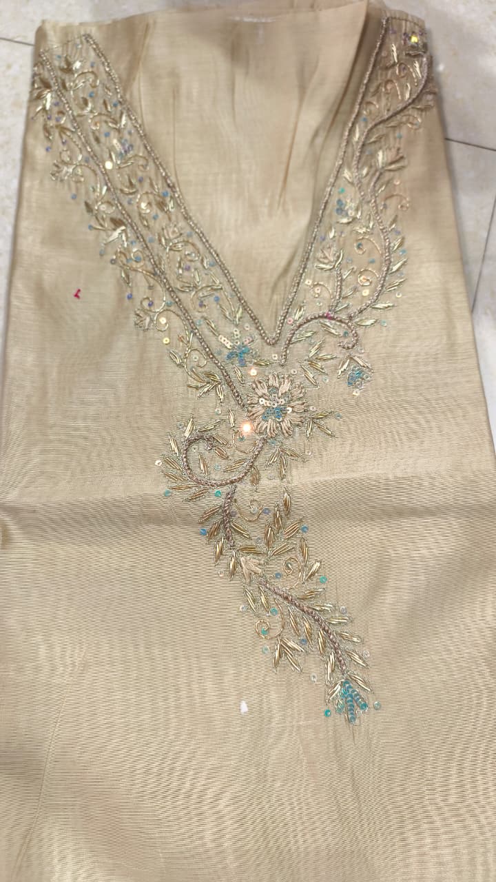 Pure original Chanderi silk hand original zardosi work kurti fabric