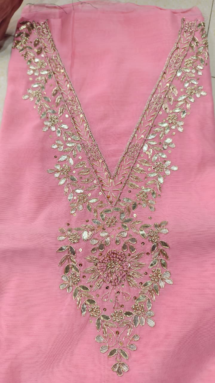 Pure original Chanderi silk hand original zardosi work kurti fabric