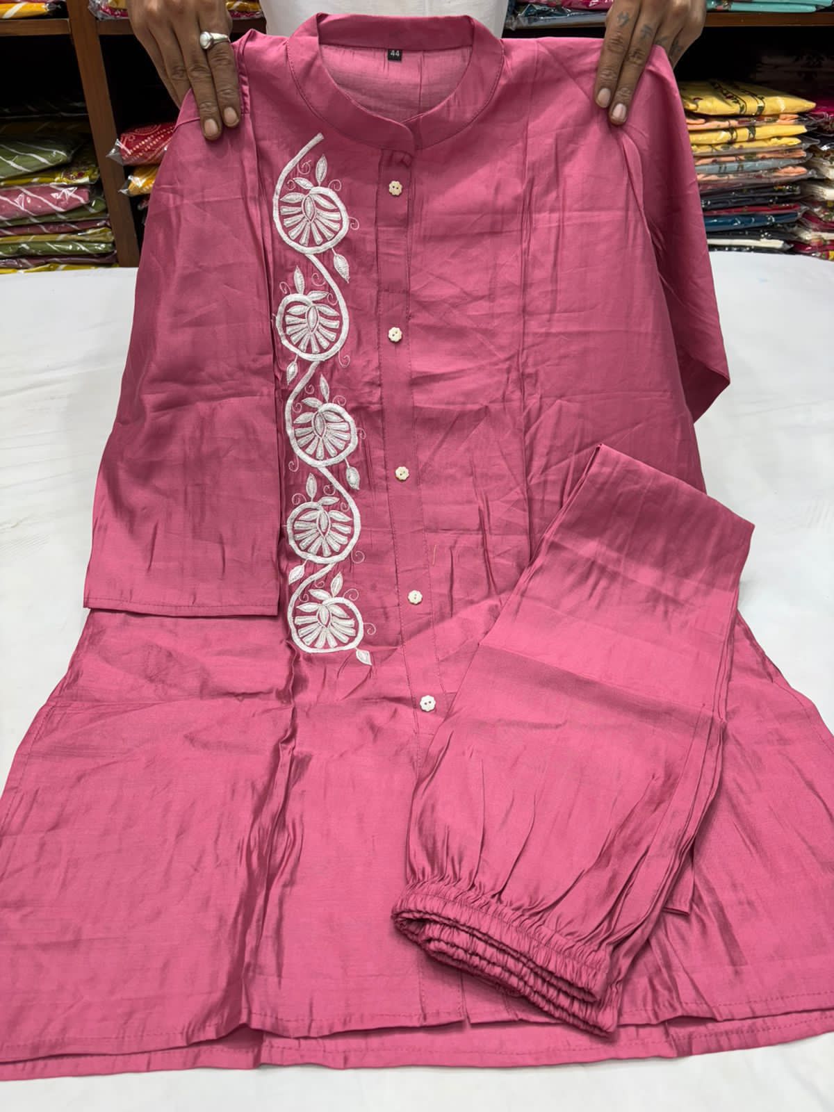 ROMAN SILK FABRIC CORDSET WITH EMBROIDERY AND PANT