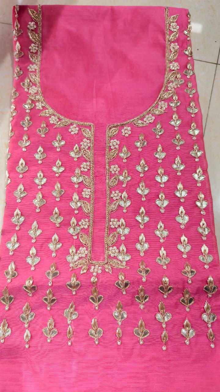 Pure original Chanderi silk hand original zardosi work kurti fabric