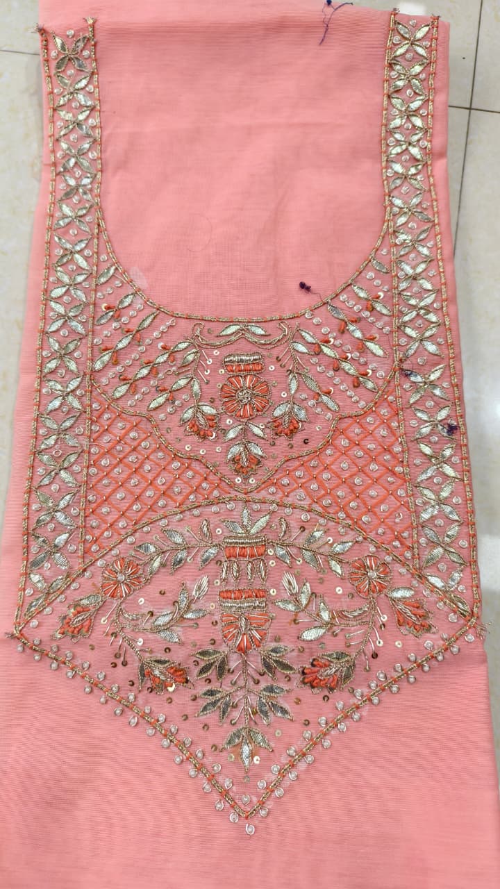 Pure original Chanderi silk hand original zardosi work kurti fabric