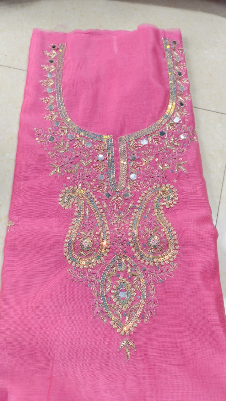 Pure original Chanderi silk hand original zardosi work kurti fabric