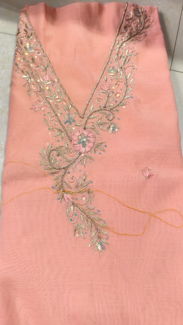 Pure original Chanderi silk hand original zardosi work kurti fabric