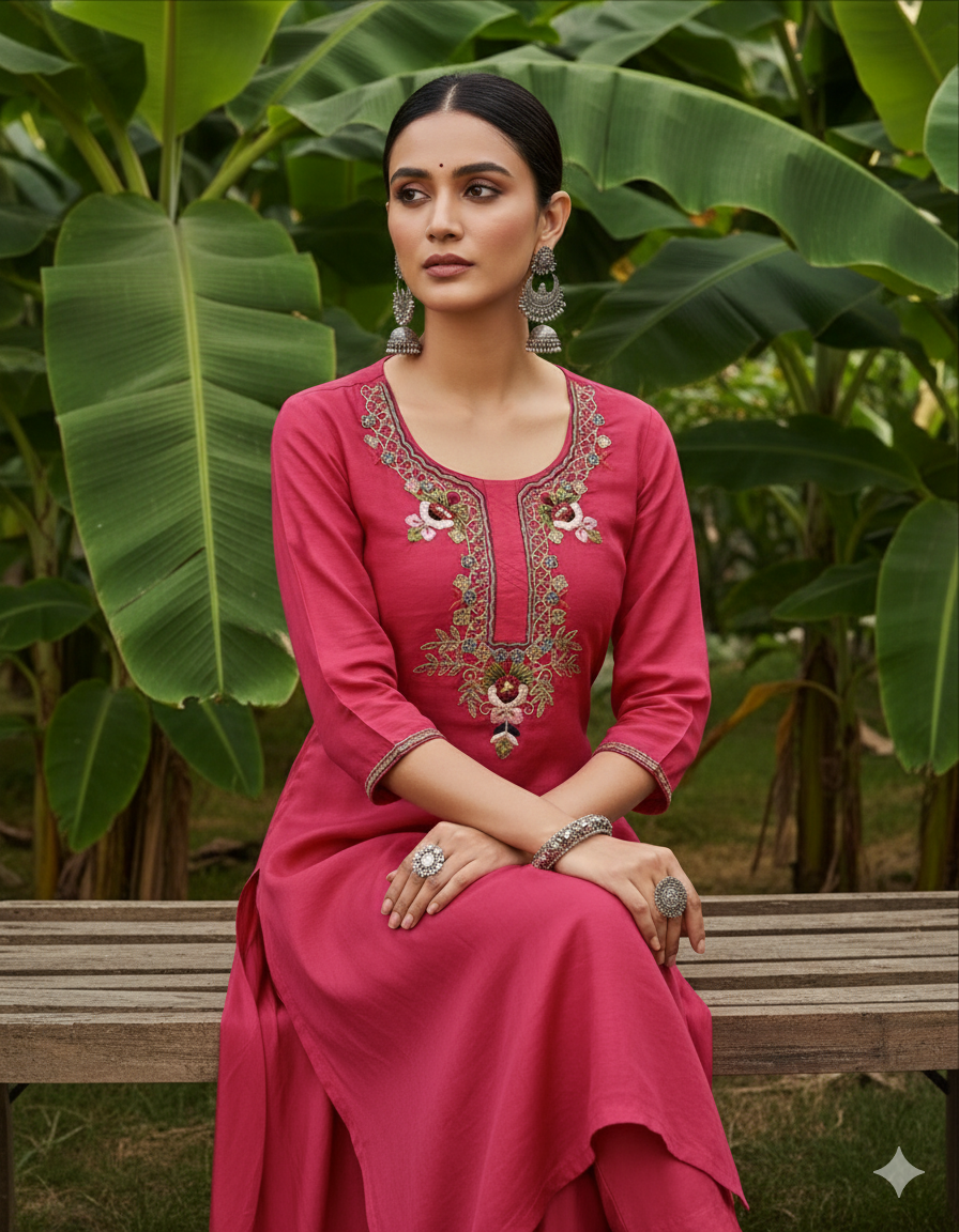 Only Kurti Premium cotton silk with Heavy pure Jardoji cutdana Thread Hand work on yolk Hot Rani Pink colour