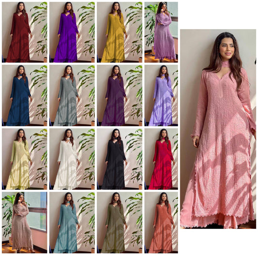 TRENDING FAUX GEORGETTE TOP COTTON THREAD EMBROIDERED WORK AND WORK PLAZO WITH DUPATTA