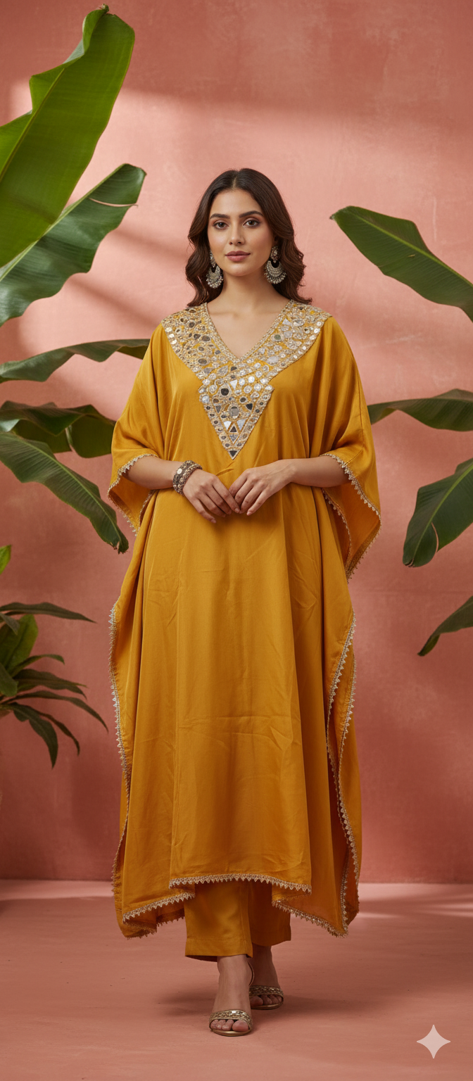 Fancy Chinon Kaftan with pant original heavy mirror work on yolk with samosa lace border